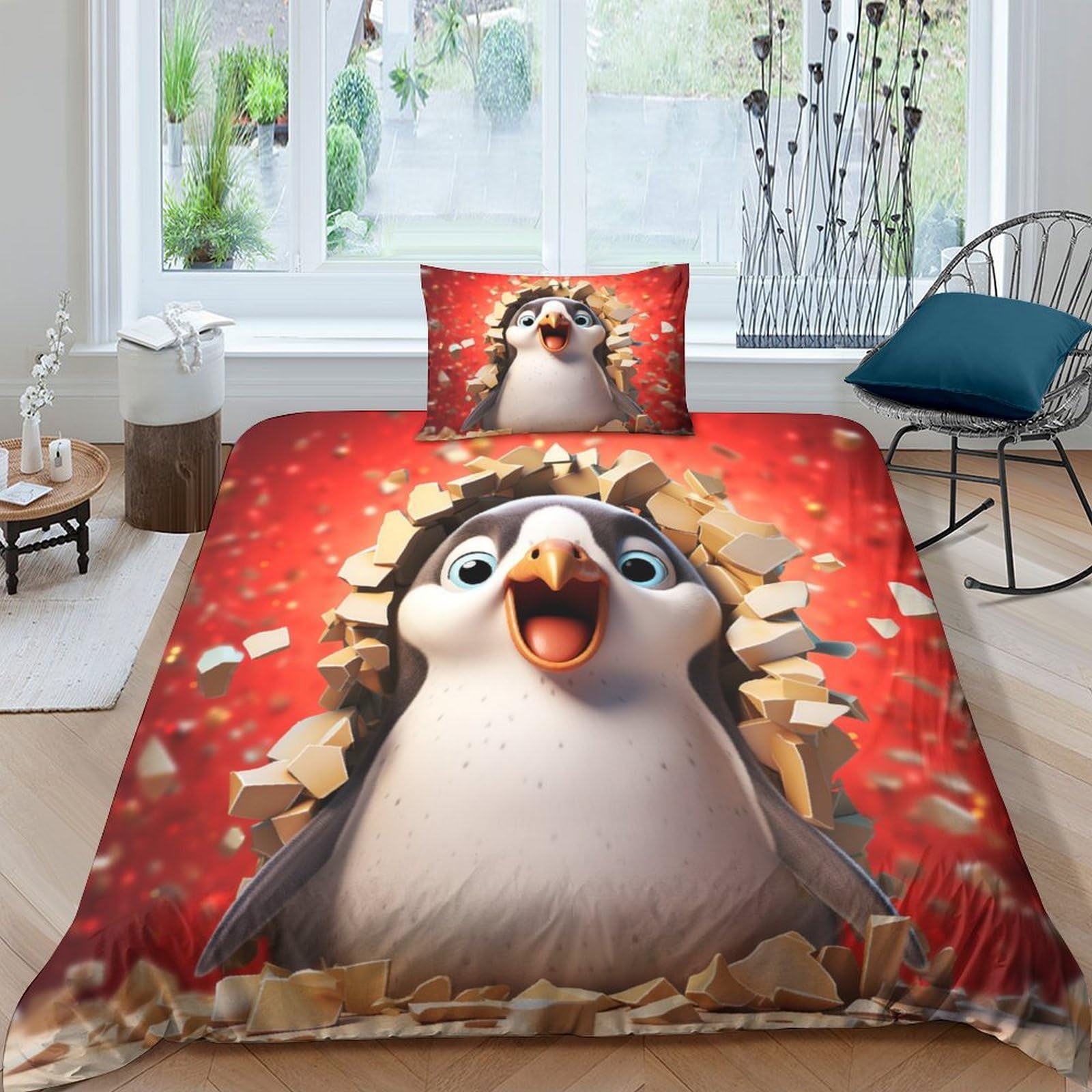 MEFESE Cartoon Penguin 2 Piece Microfiber Comforter Cover Bedding for Kids Girls Boys Cute Pattern Polar Animals Quilt Cover Bedspread Bold Color Duvet Cover Set Luxury Hotel Single（135x200cm）