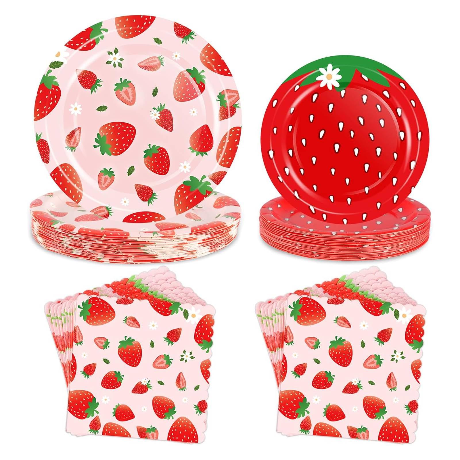 Kockuu 75pcs Strawberry Theme Paper Plates, Disposable Party Plates and Napkins for Birthday Party, Tea Party, Strawberry Party