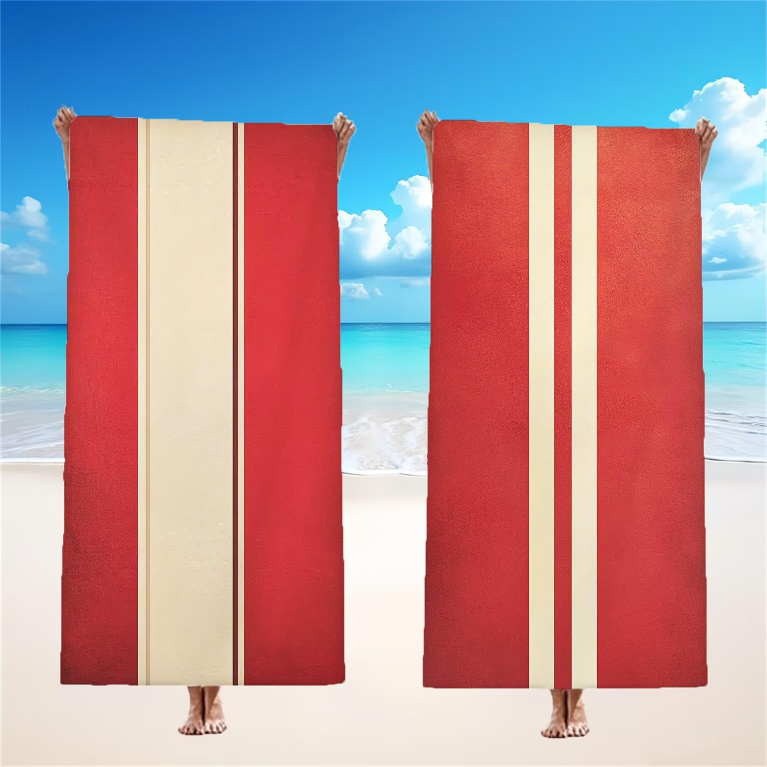 Serviette de Plage 90x200cm, Rouge Serviette Microfibre Lot de 2 Bande Motif Ultra Absorbantes Séchage Rapide Anti Sable Légère Drap de Plage avec Bouton Pression Design pour Piscine Voyages, Model611