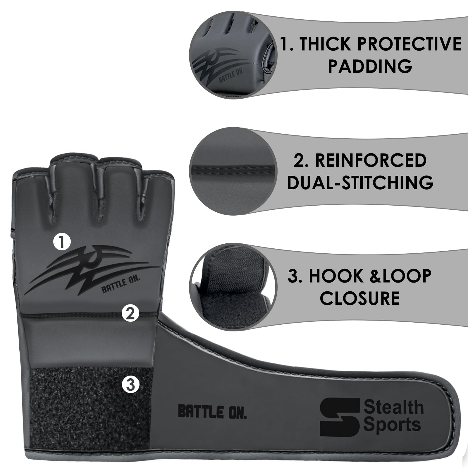 Gants MMA Hommes Femmes 12mm d'épaisseur - Gants de Grappling en Cuir PU Paume Ouverte Muay Thai Kickboxing Sparring Punching Training Cage Combat Mitaines d'arts Martiaux