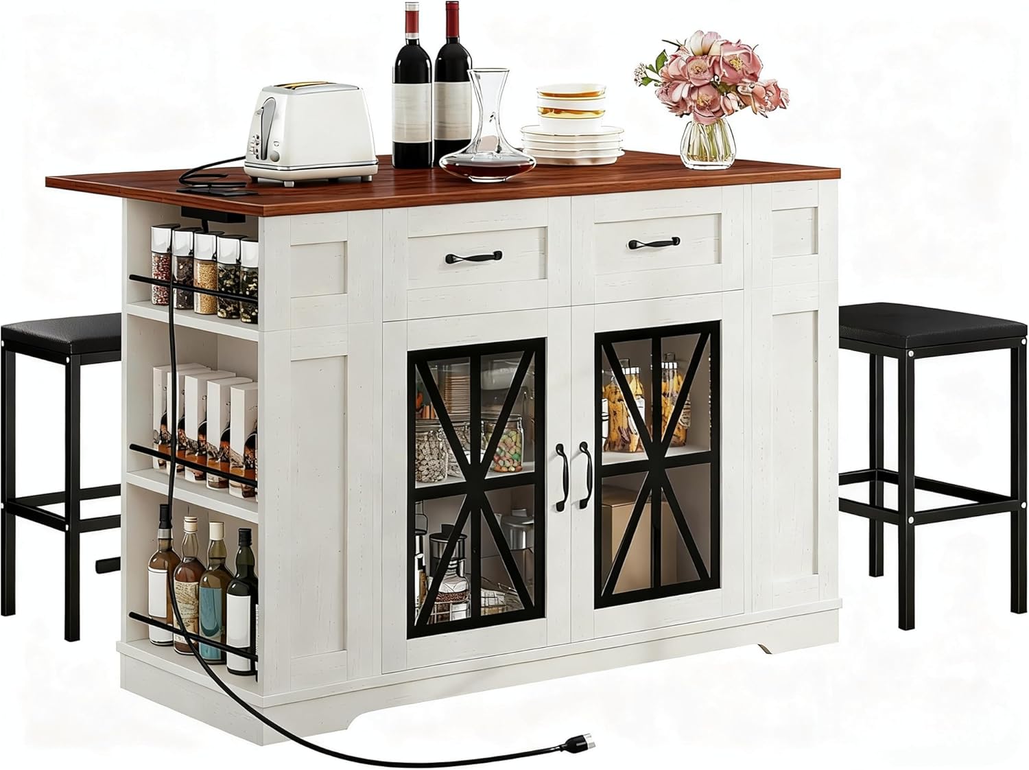 DWVO 3 PCS Kitchen Island with Drop Leaf, Mobile Storage Island with Seating, Rolling Dinning Table Set with 2 Bar Stools & Power Outlet, Bar Island Cart on Wheels, 2 Footrest & Spice Rack, Walnut