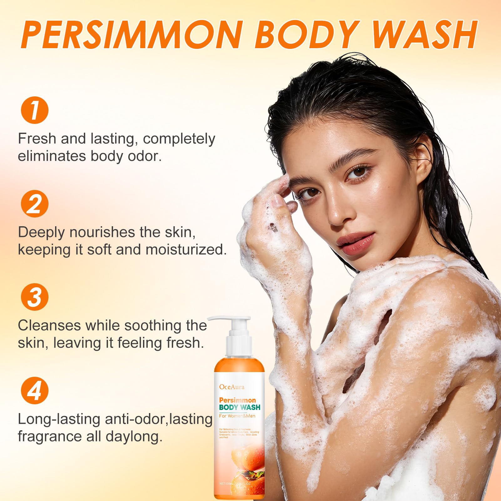 2 Persimmon Body Wash,Gel de Ducha de Caqui,Jabón Corporal de Caqui y Té Verde,Gel de Baño de Limpieza Profunda Hidratante Natural Eliminador de Olores — view 6