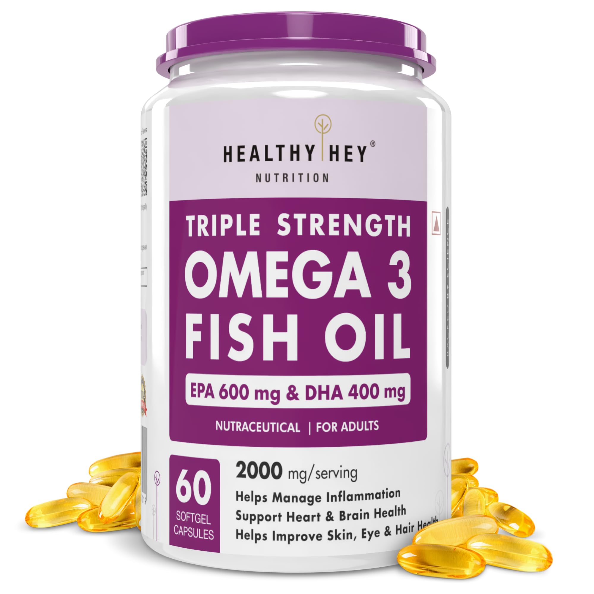 HealthyHey Nutrition Fish Oil Omega 3 60 Softgel For Women and Men | Triple Strength Fish Oil | Burpless, EPA 600 - DHA 400 Supplement