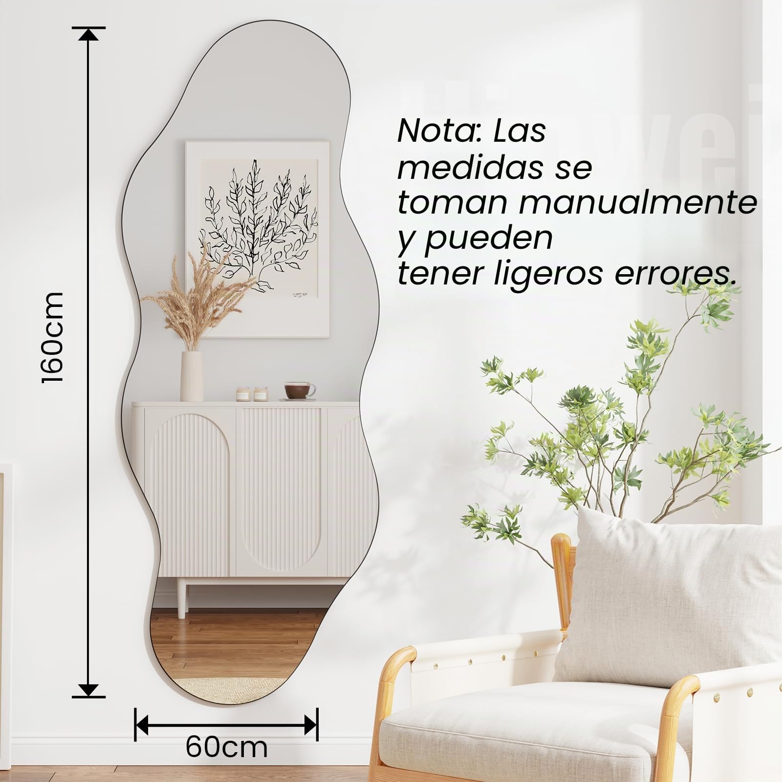 Muzilife Espejo asimétrico para todo el cuerpo, 160 x 60 cm, gran espejo de pared irregular con panel posterior de MDF, espejo decorativo para pared, salón, baño, pasillo