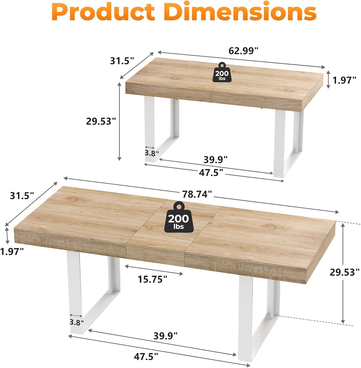 63"-78.7" Expandable Dining Table, 6-10 Extendable Dining Table, Rectangle Conference Table, Farmhouse Kitchen Table with Slide Track, Tapered U-Shaped Wood Legs for Office, Living Room-Oak White+oak Common Rectangular 63"-78.7"