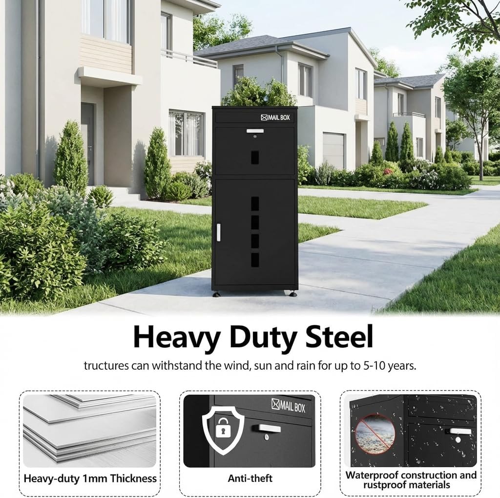 Large Outdoor Package Delivery Box with Lock | Weatherproof Anti-Theft Parcel Box | Transparent Acrylic Viewing Window for Packages for Garden, Porch, Yard | (41.5H x 16.5D x 19.7W)