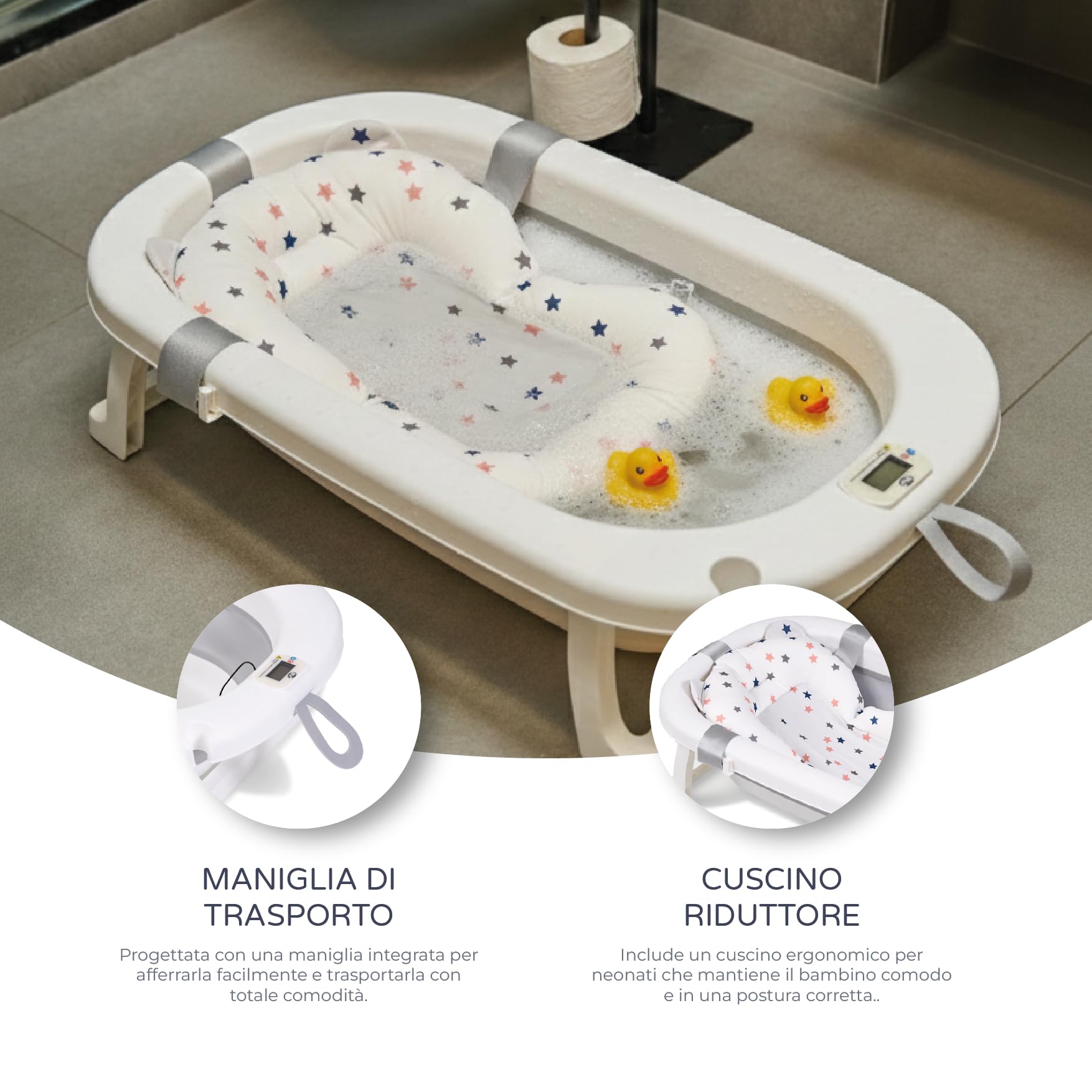 Ms Babyworld – FLEX + TERMOMETRO + CUSCINO – Vaschetta da bagno pieghevole e flessibile | Fino a 24 mesi | Termometro | Cuscino riduttore per neonati | Piedini antiscivolo | Indicatore di temperatura