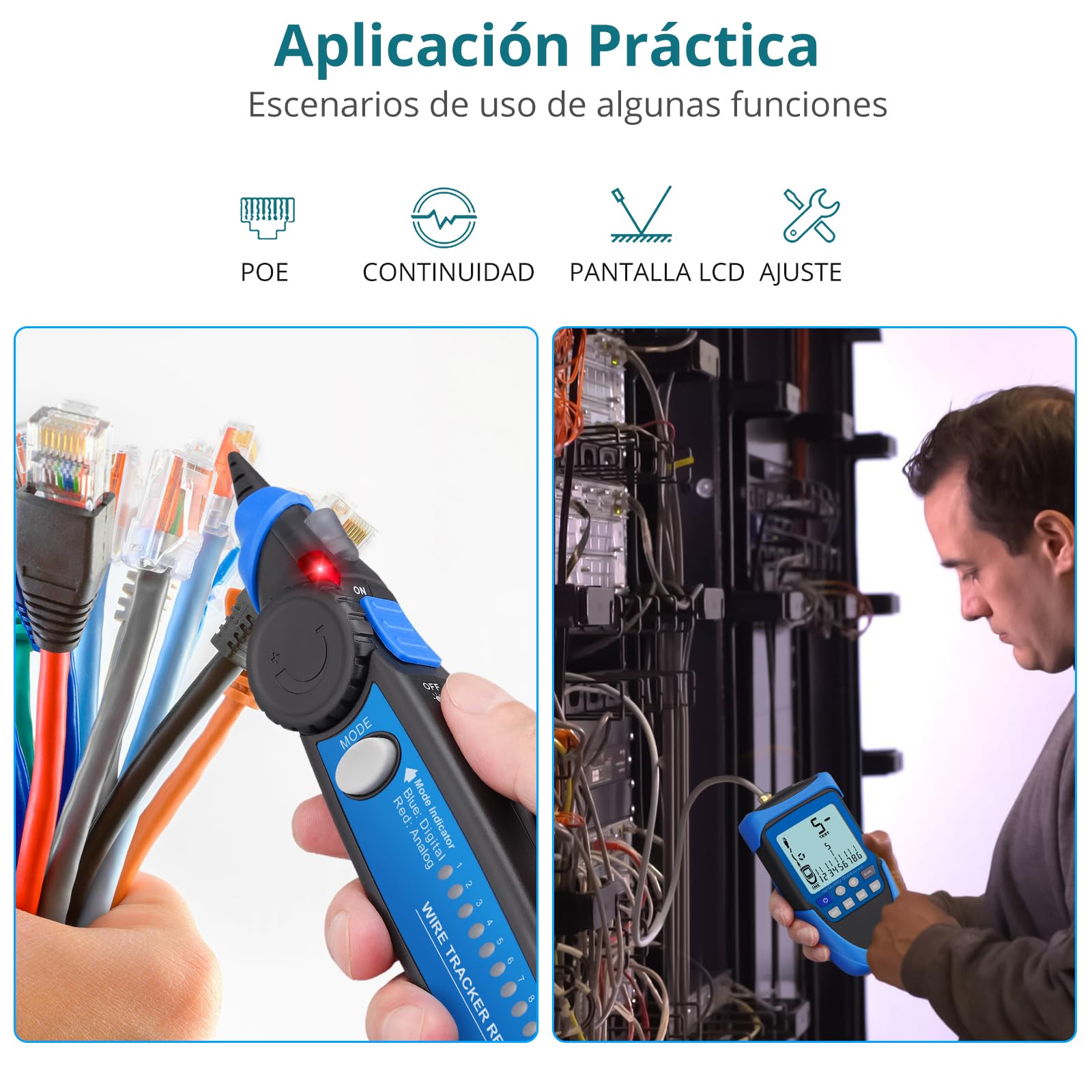 Probador de Cable con POE Rastreador de Cables Multifunción de Red RJ45/POE con LCD Nueva Versión Buscador de Líneas Cable CAT5/5e CAT6 Cat7 Cat8 para Prueba de Polaridad de Voltaje de Batería