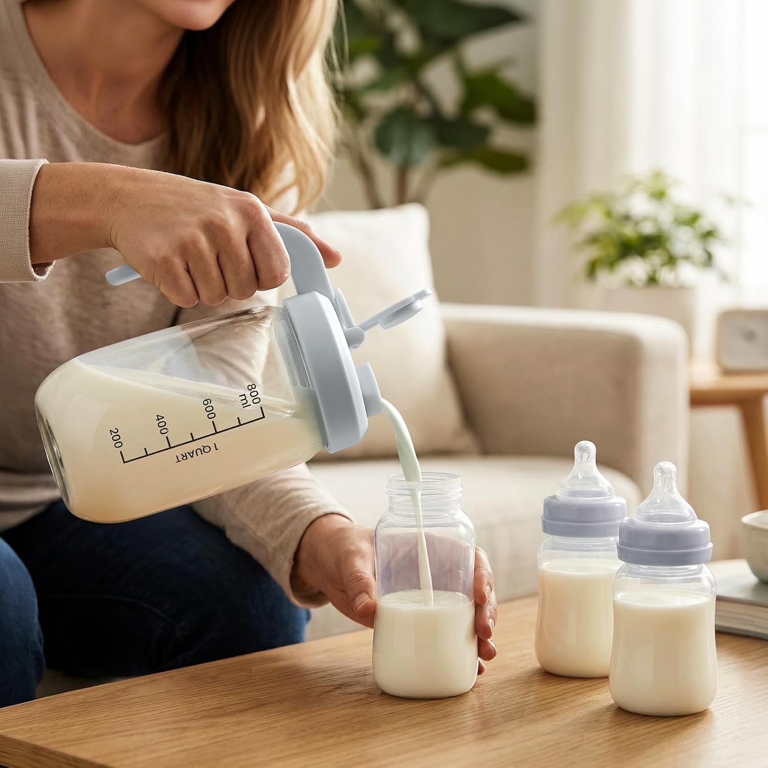 Breast Milk Pitcher 32 OZ, Heat & Cold Resistant, Sudden Temperature Safe, Fast Baby Formula Maker with Wide Mouth, No Leak Borosilicate Glass Fridge Storage Container for Juice, Cold Brew-Blue