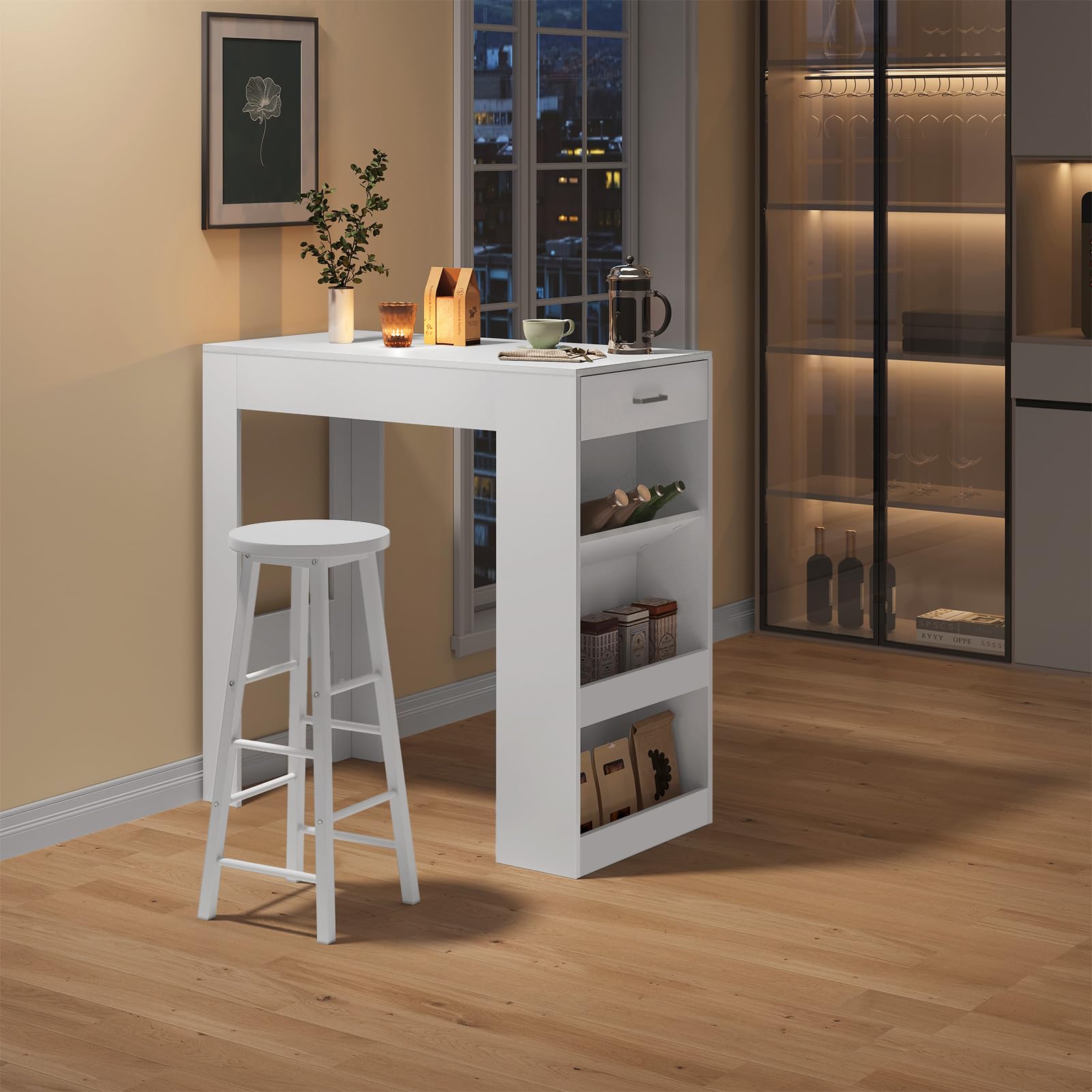 WOLTU Bartisch, Stehtisch mit 1 Schublade & 3 Ablagen, Küchentisch mit Weinregal, Bistrotisch für Bar Küche Wohnzimmer Esszimmer (Mit Brett, Weiß, 100 x 50 x 100 cm)