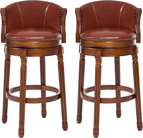 Miniatura 15 de CozyRain Taburetes de bar de madera de goma, taburete de bar tapizado de cuero con respaldo y reposapiés para el hogar, cocina, mostrador, comedor