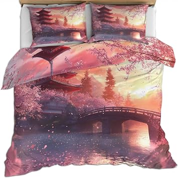 Pink Cherry Blossoms Duvet Cover Twin Ancient Pagoda Bedding Set Natural Cherry Blossoms 3 Piece with Zipper Closure for Kids and Adults, Comforter Cover with 2 Pillow Shams for Bedroom Bed Decor