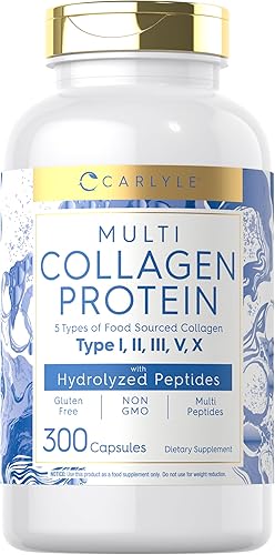 Carlyle Cápsulas de proteína de colágeno múltiple de 2000 mg | 300 unidades | Tipo I, II, III, V, X | Píldoras de péptido de colágeno | Apto para