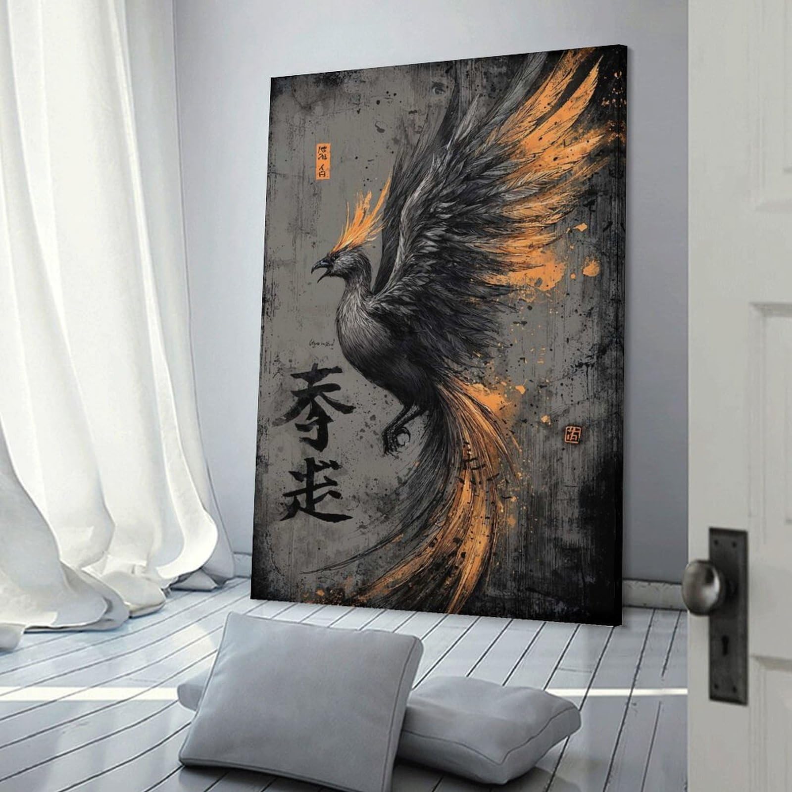 Junmoney Frame-Style-24 Canvas Wall Picture Phoenix Rising Black And Gold Illustration, 16X24inch(40X60cm), For Bedroom, Lounge Or Dressing Area, Stylish Decor For A Restful Room Update