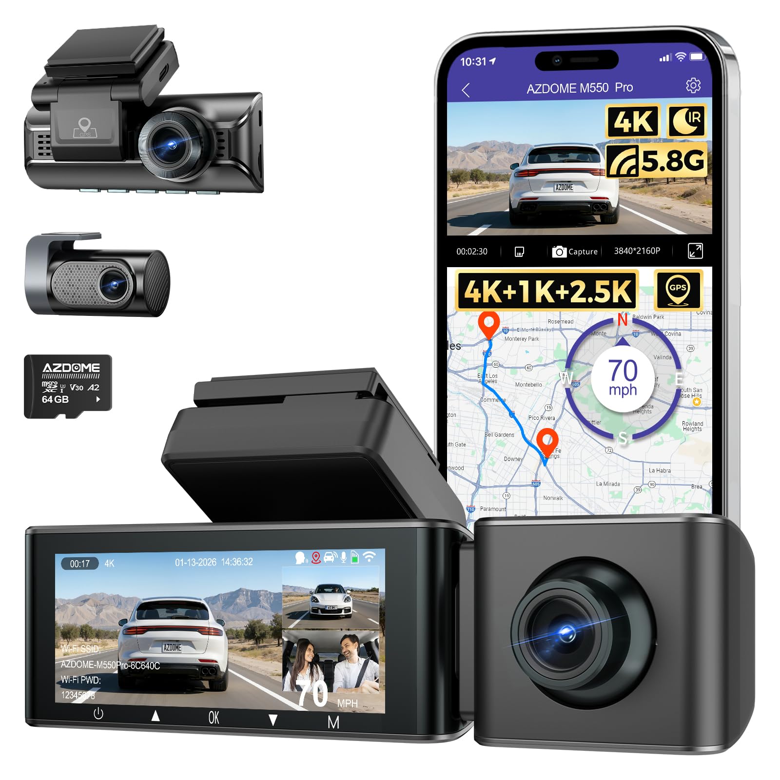 AZDOME 3 Channel Dash Cam Front and Rear Inside 4K 1080P 2 5K ADAS Dash Cam 3 19