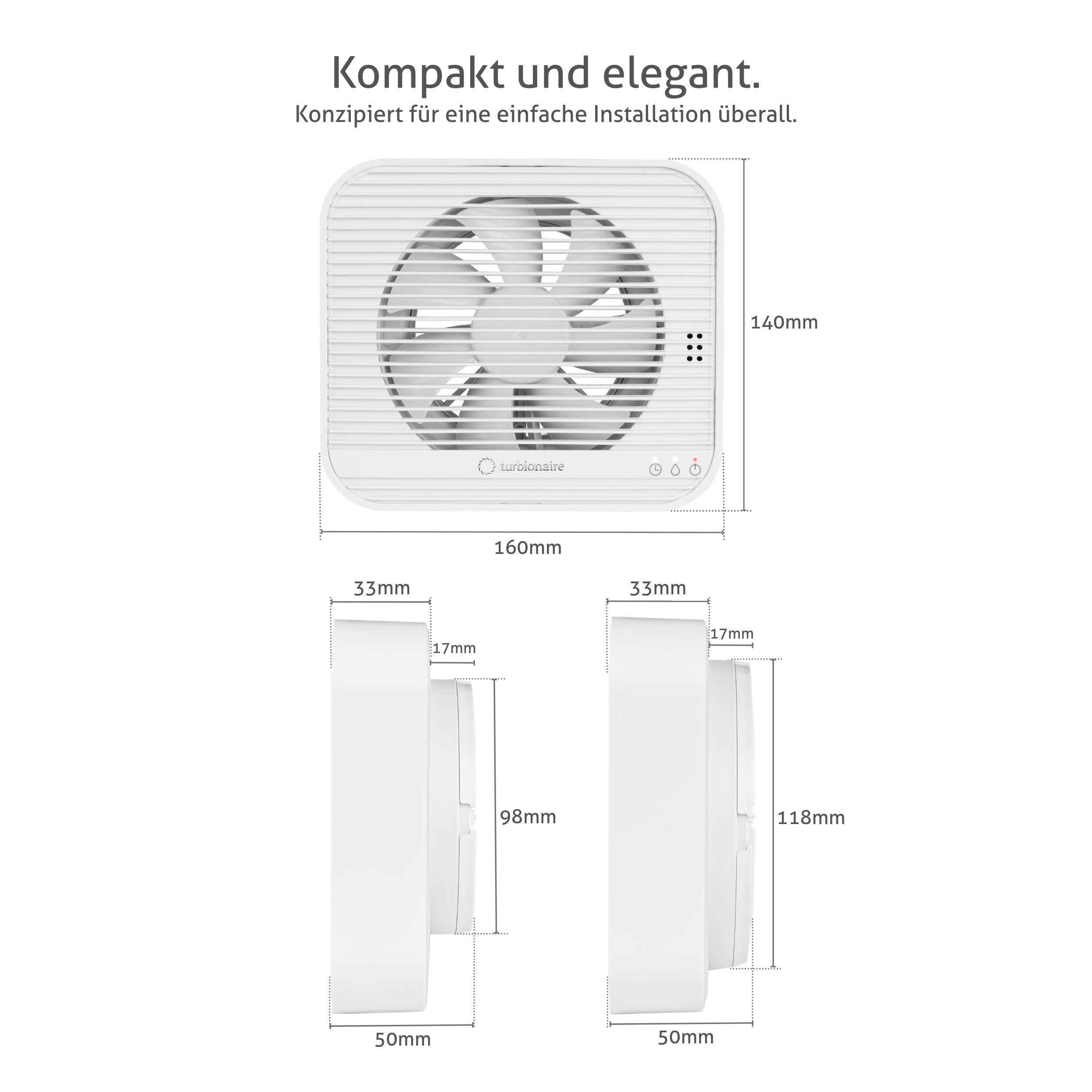 Turbionaire Axio 1012 HTR Badlüfter 100 mm/120 mm Inklusive, Feuchtigkeitssensor, 8 Geschwindigkeiten, Timer, Fernbedienung, Multifunktional, Kontinuierlicher Lüftung, 5 Jahre Garantie