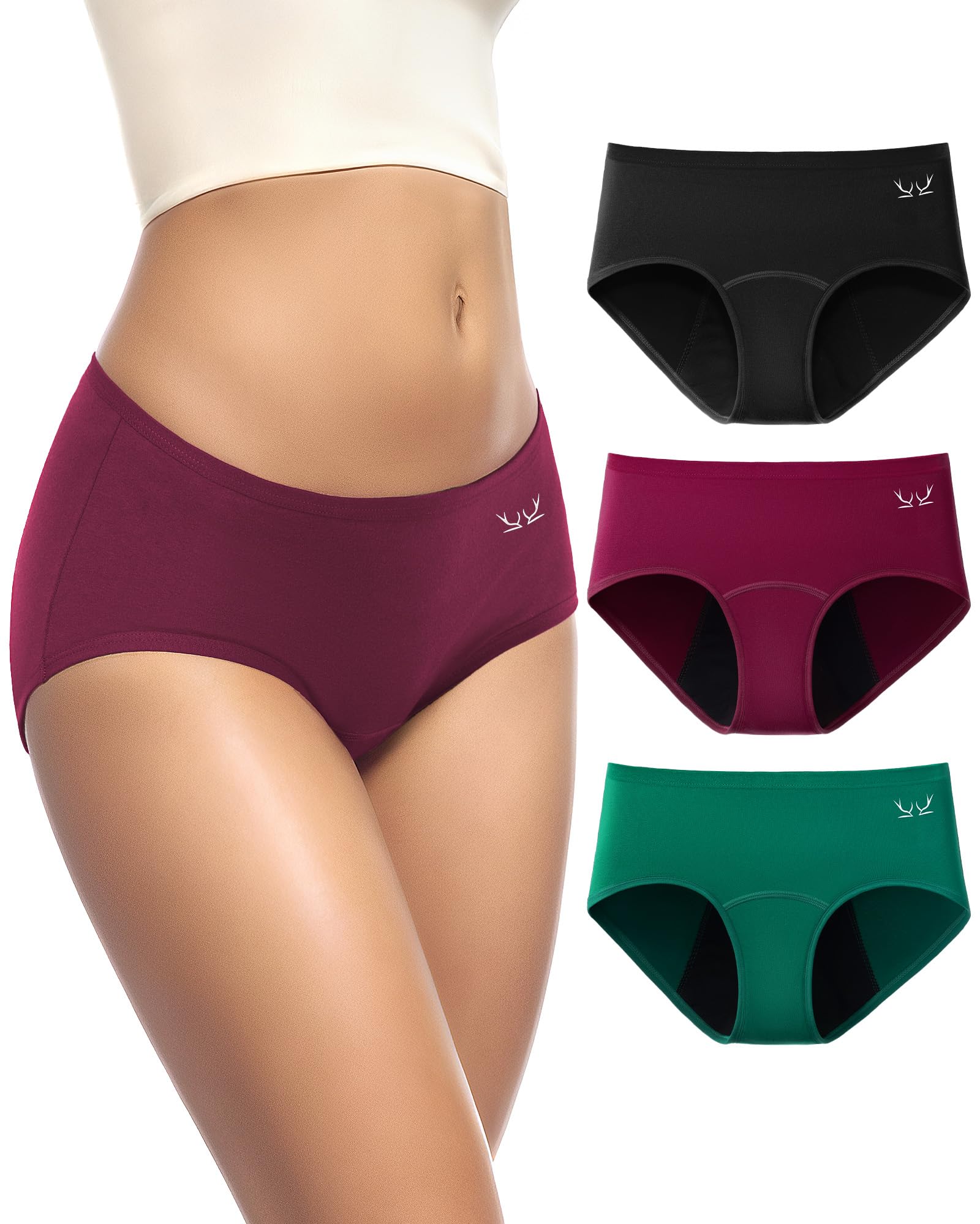 Ruixue Women's 3Pack-Black+Green+Red(D08) Period Pants For Cotton Menstrual Underwear Period Knickers Heavy Flow Postpartum Leakproof Knickers Extra Protection Pack Of 3
