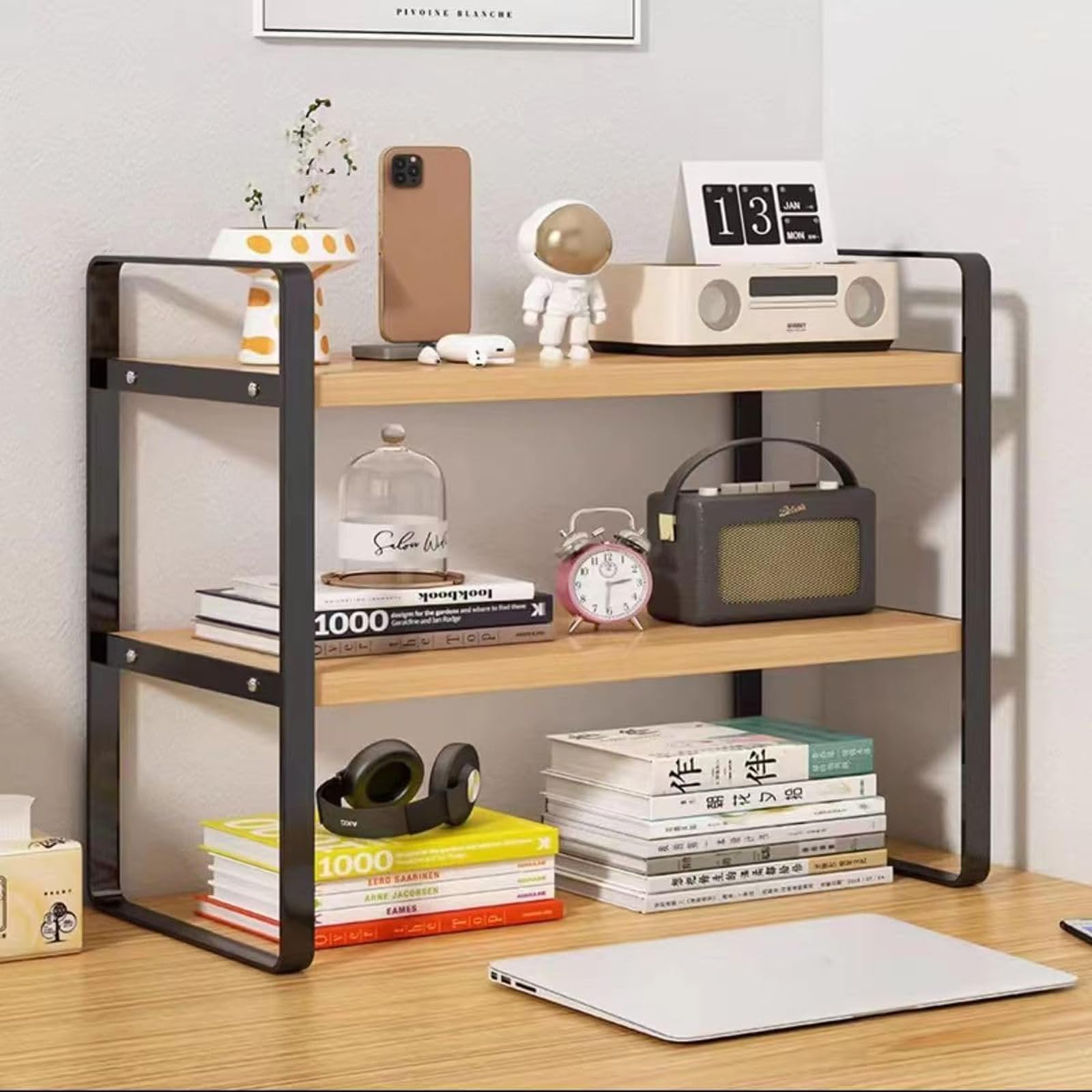 Organizador de escritorio de madera para oficina, suministros de escritorio de 2 niveles, bonito estante de almacenamiento de organización superior (negro)