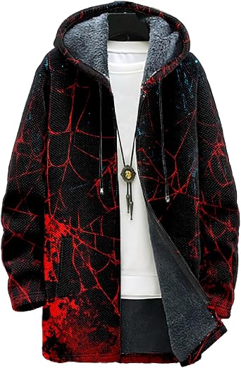 MARSVOVO Mens Zip Up Hoodie Long Fall Fleece Lined Cardigan Fashion Cool Graphic Print Knitted Coats Sherpa Jackets