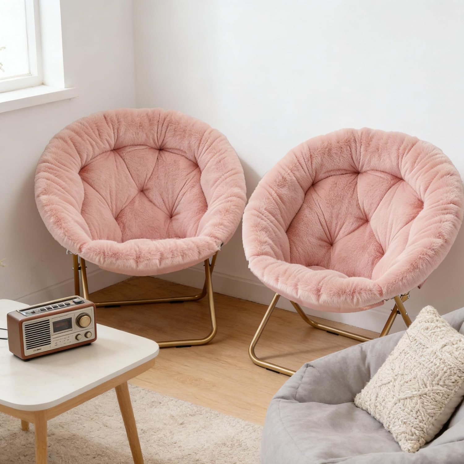 Magshion Saucer Chair for Adults, Comfy Living Room Lounge Chair for Bedroom Corner, Dorm, Apartment, Faux Fur Fluffy Circle Accent Seat with Thick Padded & Folding Metal Frame (Pink, Set of 2)