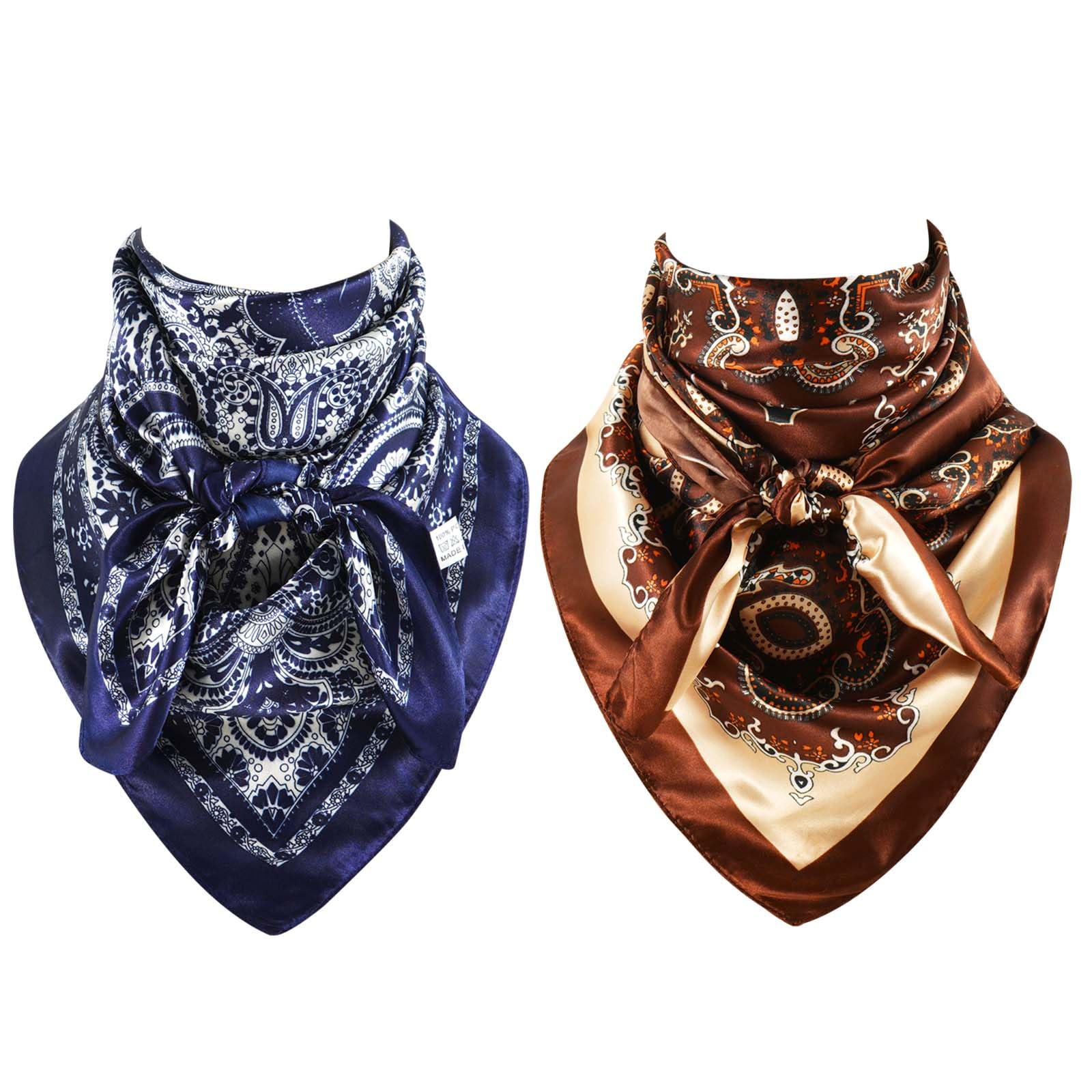 GERINLY Mens Wild Rag 2 Pack, Western Scarves Cowboy, Silk Feel Paisley Bandana Square 35 Inch