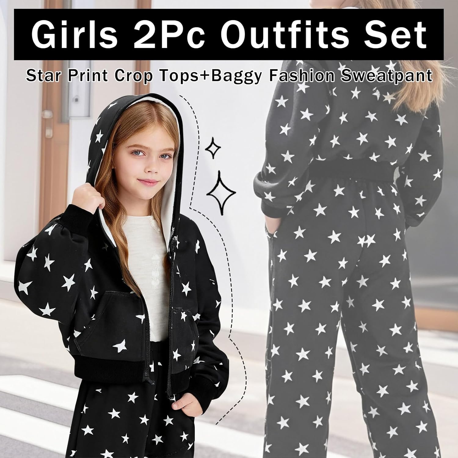 5-14 Girls 2 Piece Outfits Star Hoodies Sweatsuit Sets Oversized Sweatshirt and Baggy Fashion Sweatpant with Pockets - Image 4