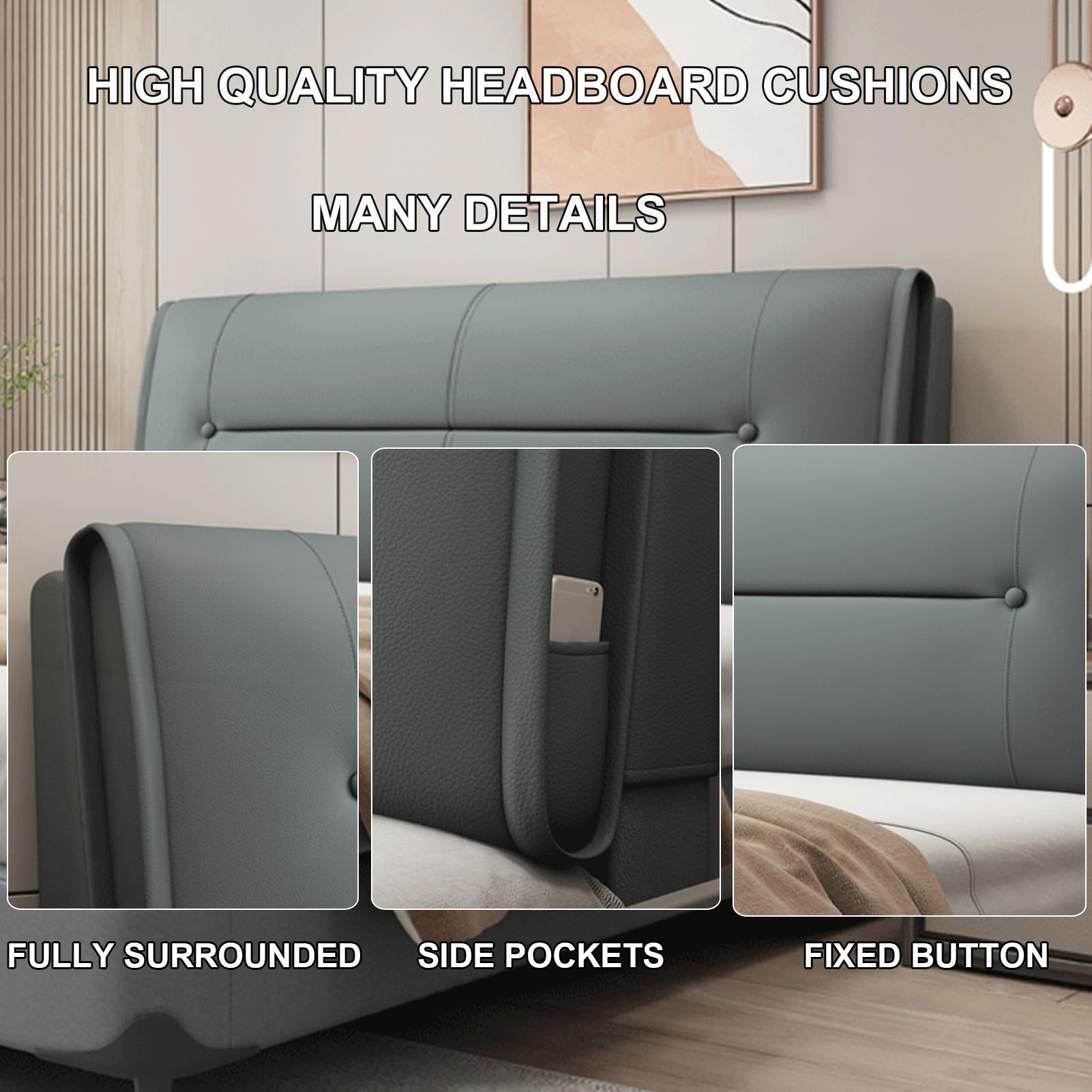 Cabecero grande de color caqui con correas para cama, cabecero de pared de 53 x 23 x 4 pulgadas, cojín rectangular de apoyo lumbar con funda extraíble para sofá, cama, litera