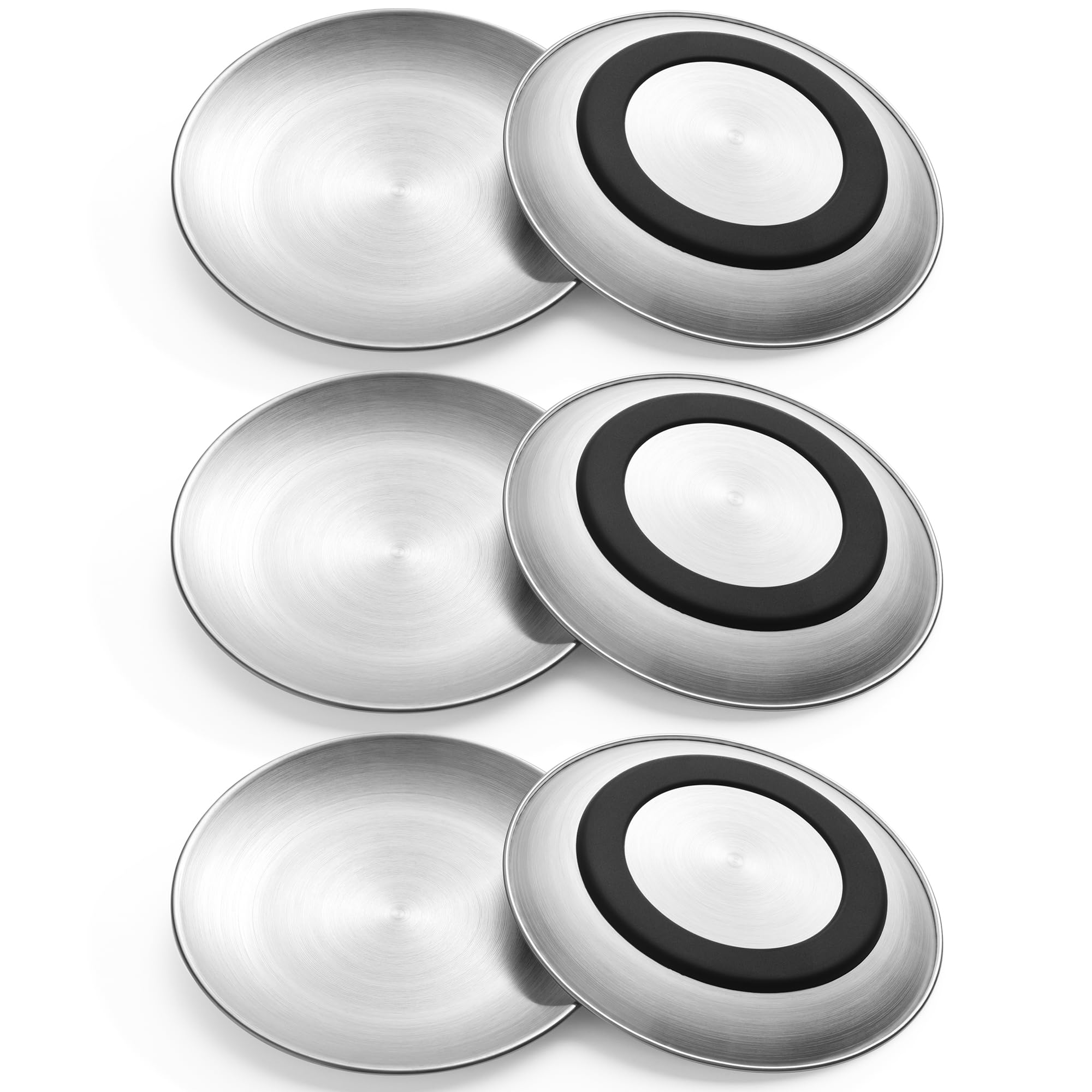 Stainless Steel Cat Bowls, Flat Cat Food Bowl Set with Silicone Ring for Non Slip, 6.7" Wide and Shallow Cats Dishes or Plates for Feeding Indoor Cats, Kitten, Small Dogs (Silver-6 Pack)