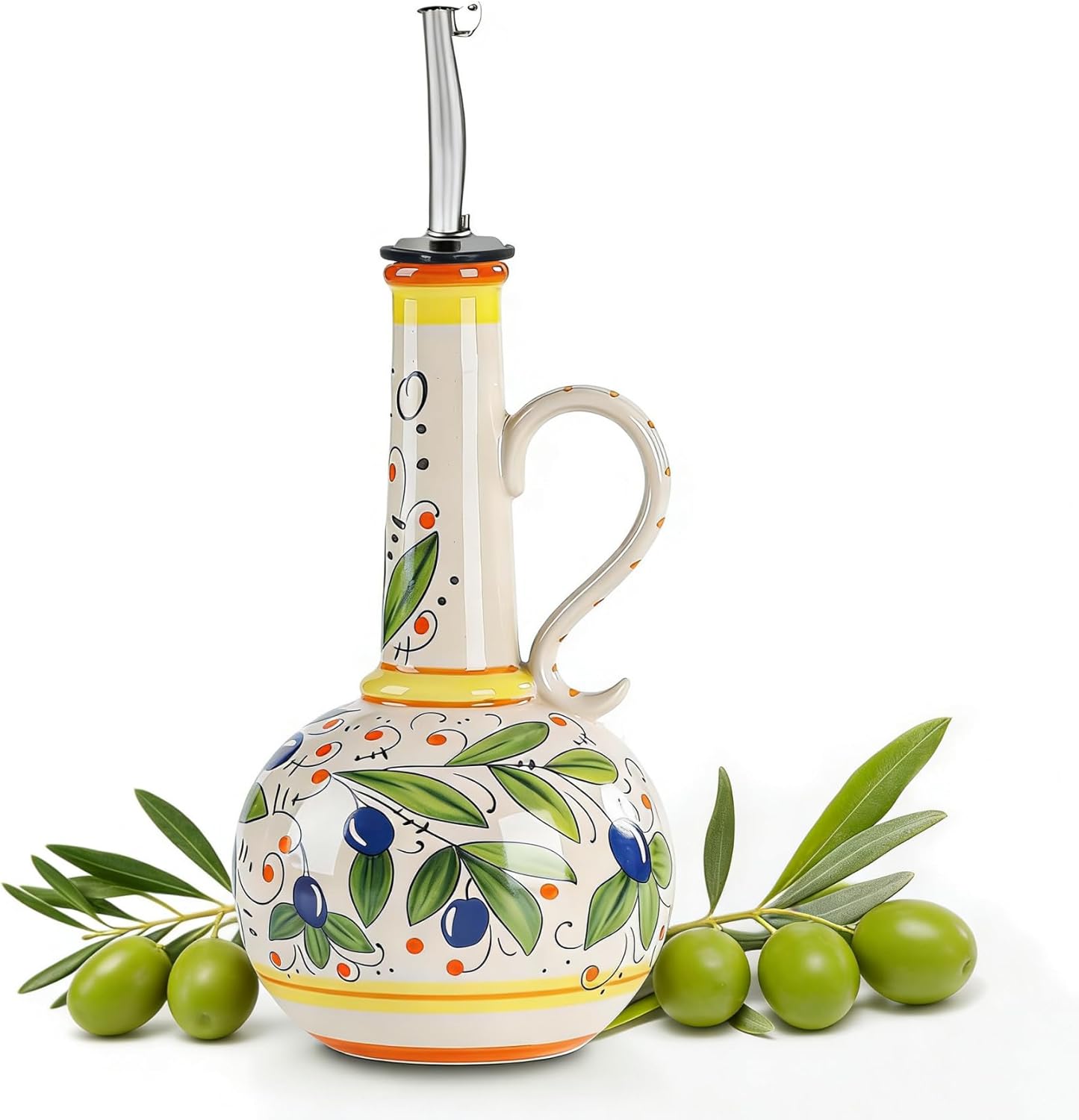 Ceramic Olive Oil Dispenser Bottle for Kitchen, 18 oz Large Capacity Oil and Vinegar Cruet with Stainless Steel Spout, 540 ml Oil Container with Handle for Cooking, Vinegar Cruet (Olive)