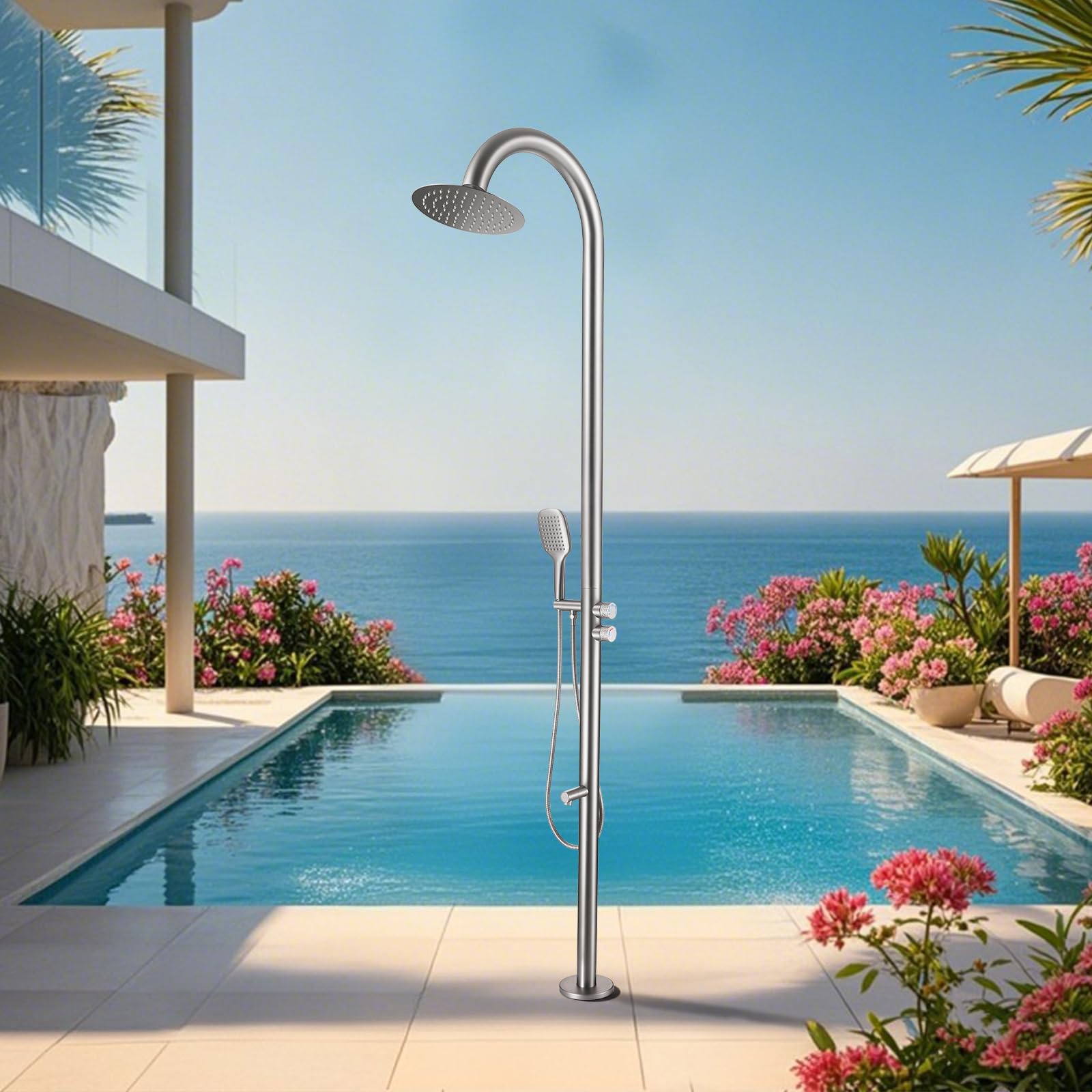 CHALIRS 316 Marine Grade Stainless Steel Free Standing Outdoor Shower with Foot Wash, 3-Function Nickel Shower Kit with 10''Rain Shower Head,Outdoor