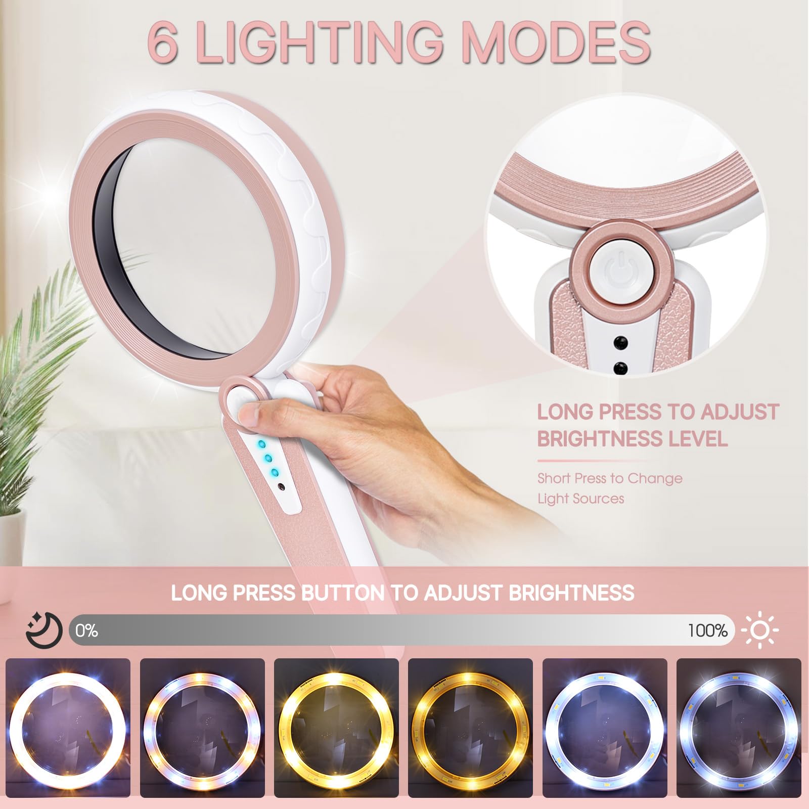 Lupa 45X con luz, 6 modos de color, lupa de mano grande de 4.6 pulgadas, recargable de 1200 mAh para mujeres, personas mayores de baja visión con degeneración macular, lectura, joyas, monedas
