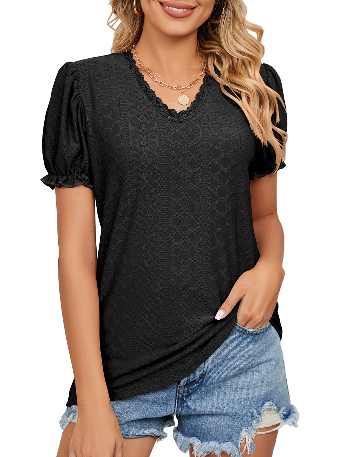 QLEVAK Camiseta de Manga Corta para Mujer Cuello en V Camiseta Transpirable Blusa Suelta de Verano Casual T Shirt