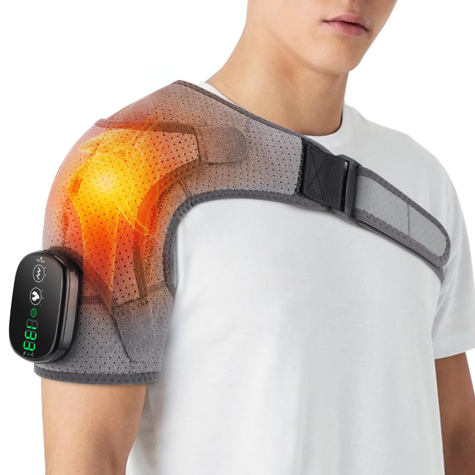 Soporte de Hombro Inalámbrico con Calefacción, Almohadilla Masajeadora para Hombros Térmica,Hombrera Térmica Con 3 Niveles De Calor Y Vibración para hombres y mujeres (Gray)