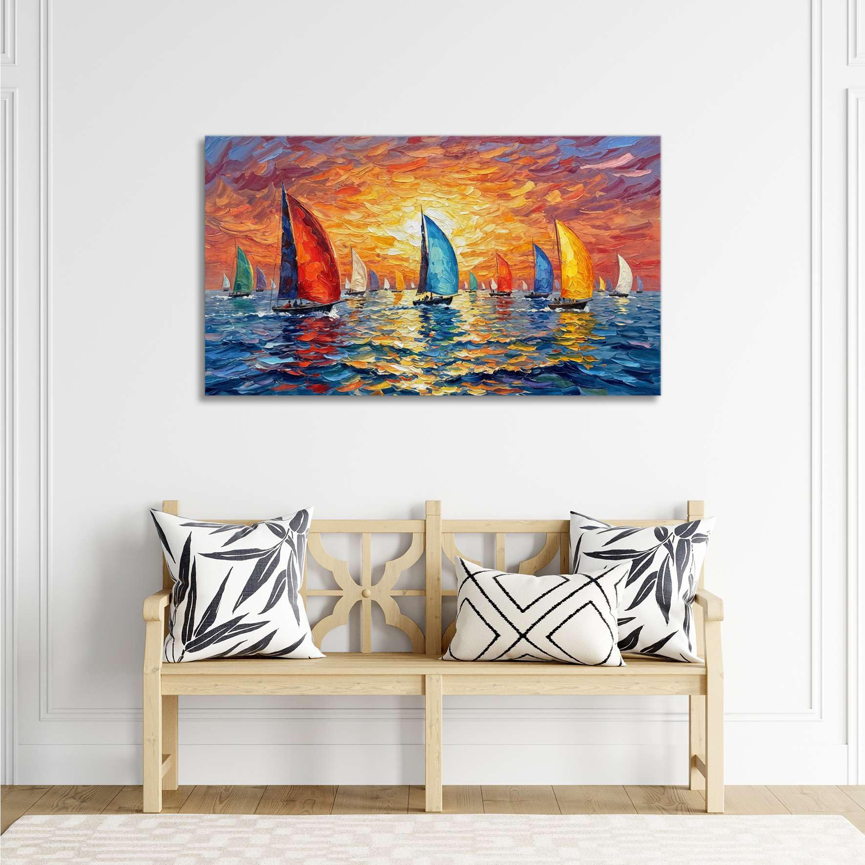 LuxHomeDecor Quadro Barche a Vela Colorate al Tramonto sul Mare – stampa su tela con telaio in legno – 140x70 cm