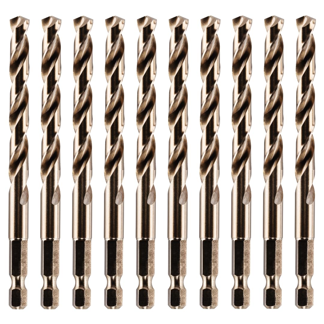 Rennie Tools - Box Of 10 x 8mm Hex Shank HSS Gold Cobalt Jobber Drill Bit For Stainless Steel, Hard Metals, Aluminium, Cast Iron, Copper. Twist Drill Bit Sets. 8mm Drill Bits Metric Drill