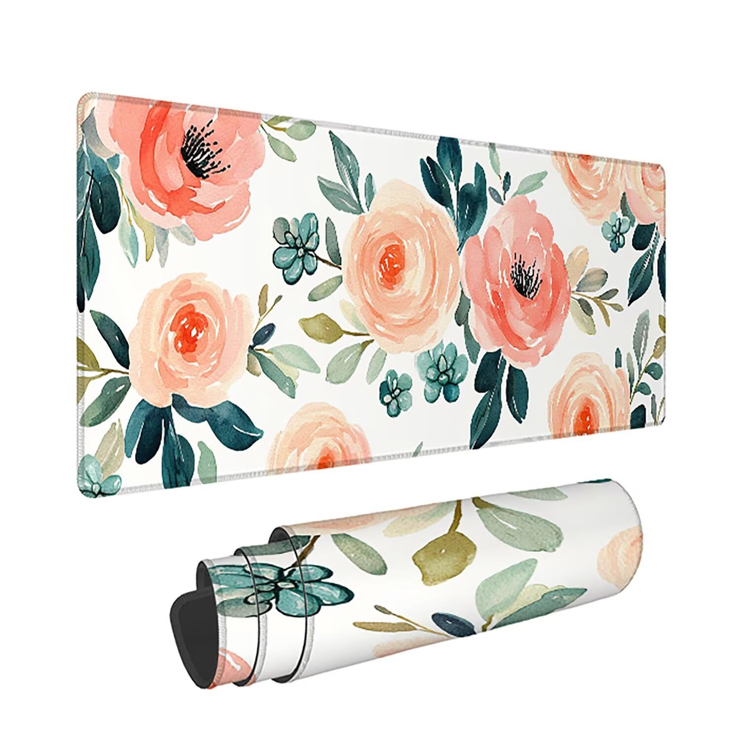 Podkładka pod mysz XXL Flower - 1400x600x3mm - biała duża mata na biurko z przeszytymi krawędziami i antypoślizgowa wodoodporna do komputera, laptopa poprawia precyzję i szybkość. -36478