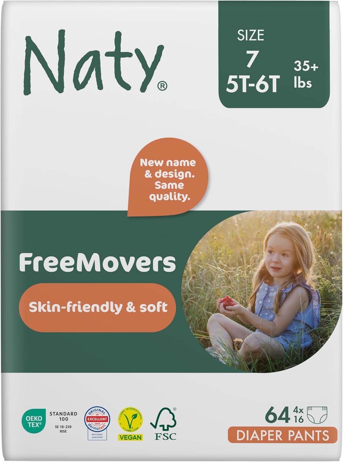 Naty FreeMovers Diaper Pants | Sensitive Skin Certified Potty Training Pants | Soft, Unscented | Absorbent & Leak-Proof | Unisex Baby & Toddler | Size 7, 5T6T (35+ lbs), 64 Count