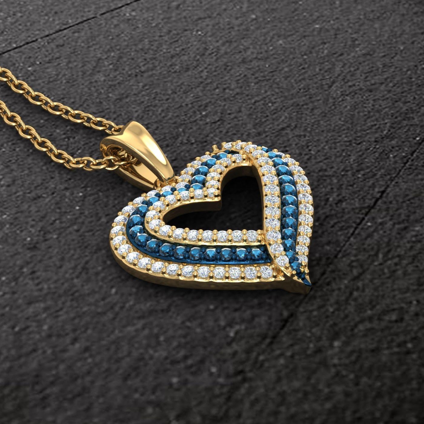 FINEROCK 1/2 Carat Blue Diamond & White Diamond Heart Pendant Necklace in 925 Sterling Silver or 18K Yellow Gold over Sterling Silver