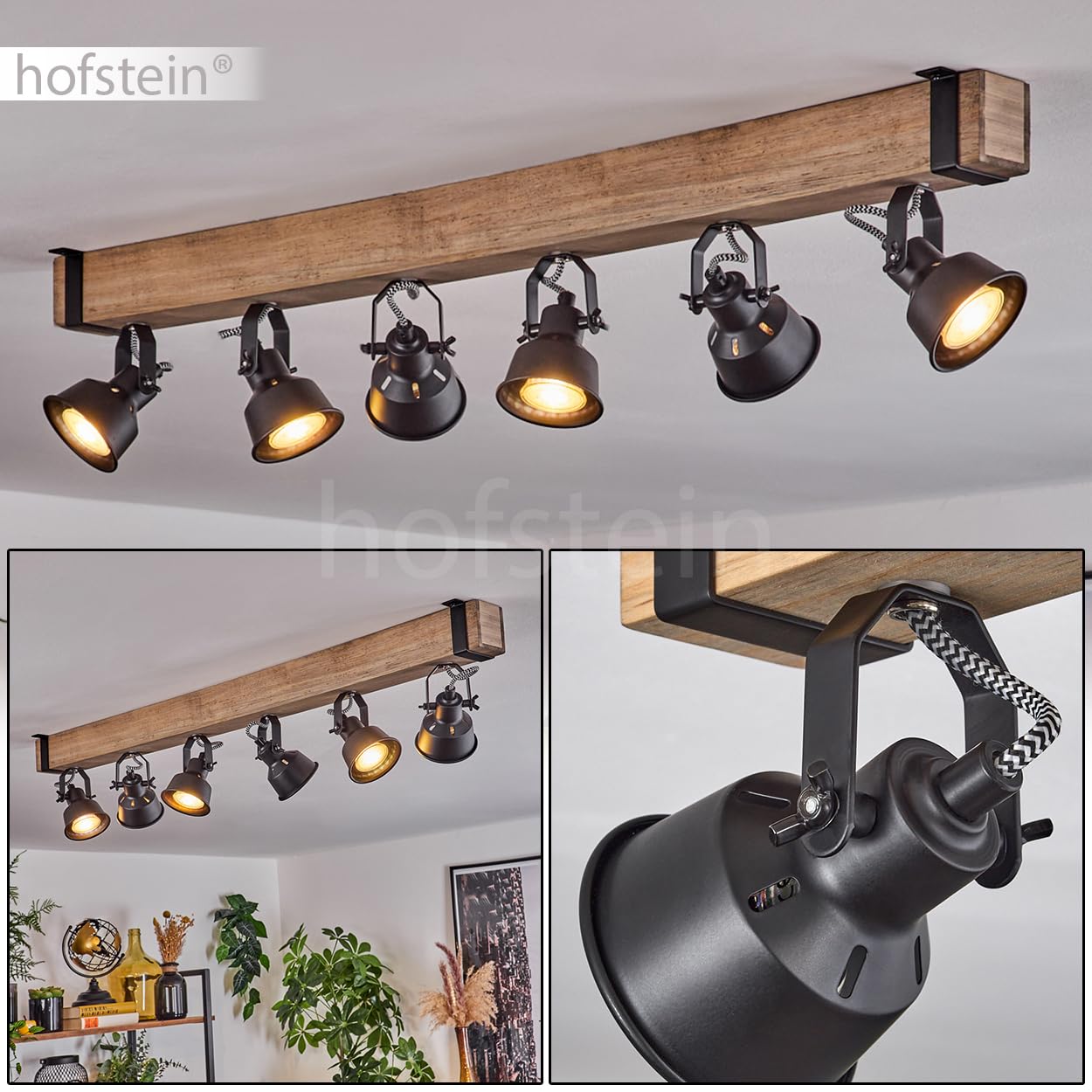 HOFSTEIN Deckenleuchte Safari, verstellbare Deckenlampe aus Metall/Holz in Schwarz/Natur, Leuchte im Industrial/Retro/Vintage-Design, Holzbalken, 6 x GU10, Wohnzimmer, Esszimmer, Schlafzimmer, Küche