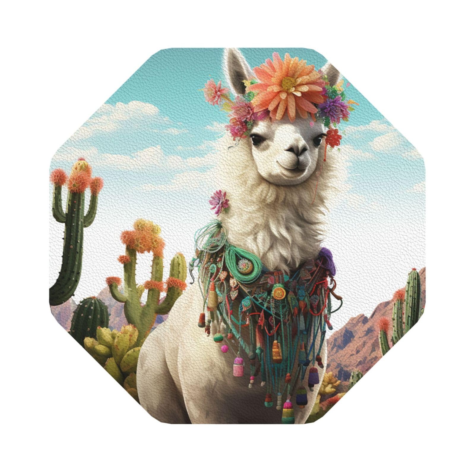 Fodpand Octagon Mexican Llama Cactus Drink Coasters Set Of 4, Heat Resistant Leather Coasters Fuuny Bar Beer Beverage Coaster For Drinks, Absorbent Cup Mat For Tabletop Protection, Housewarming Gift