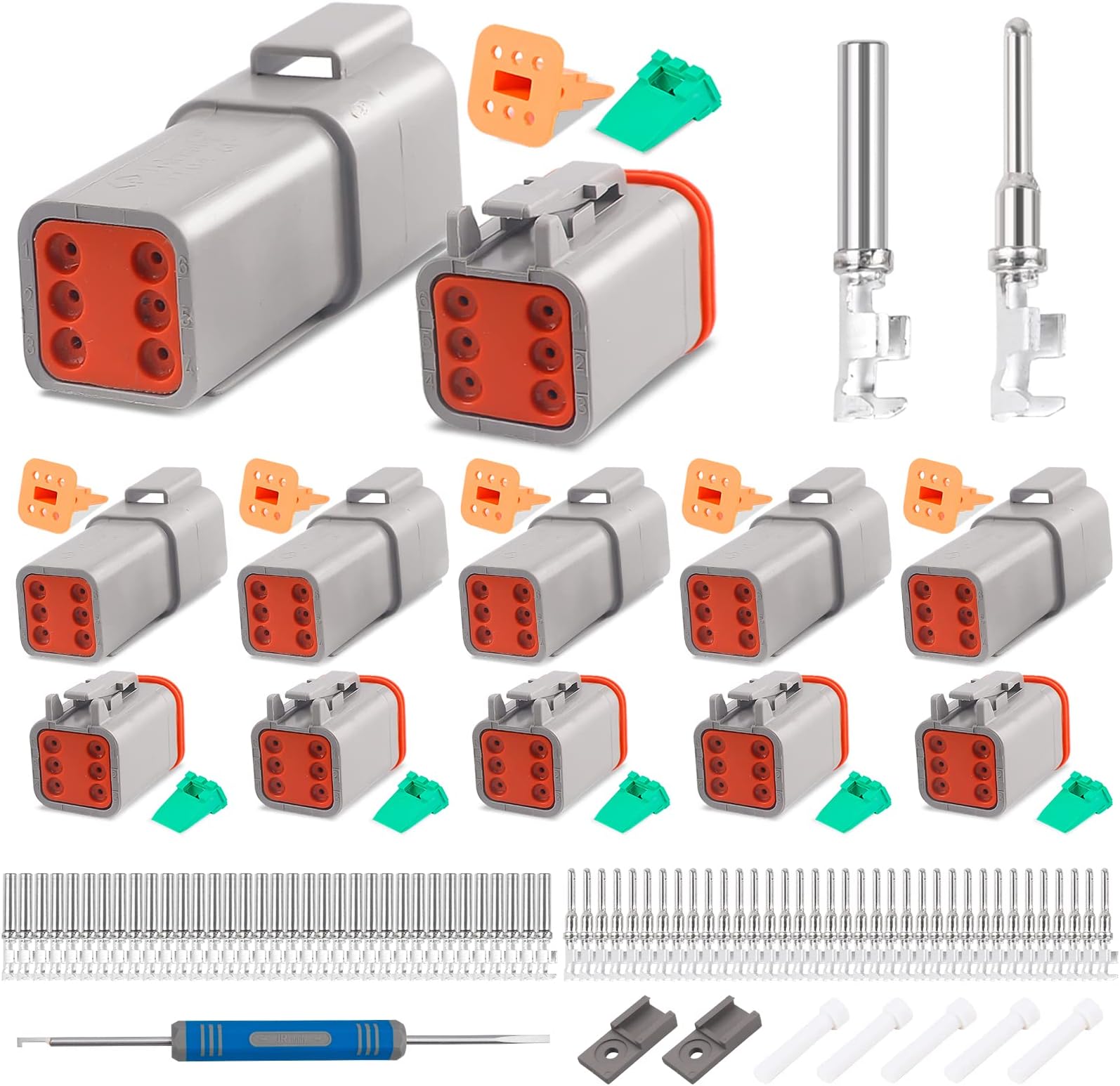JRready 6 Pin Deutsch Connector Kit DT Series, 6 Pin Way Gray Waterproof DT Connector(5 Set), Size 16 Stamped Contacts 14-18AWG for Car, Truck, Motorcycle, Off-Road Vehicles, Marine, ST6327-6