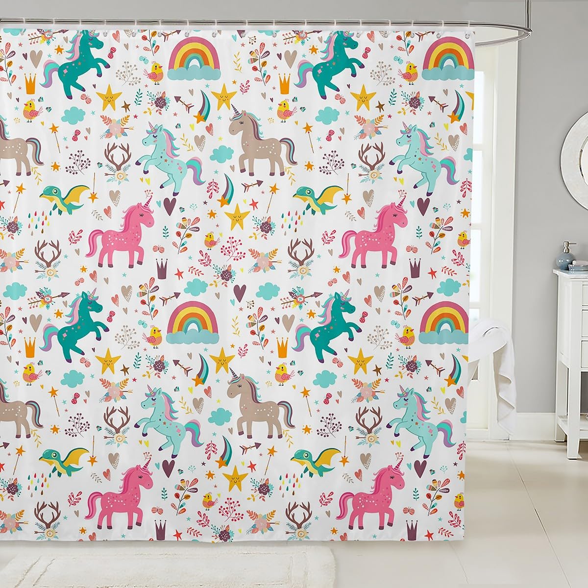 Kids Unicorn Shower Curtain Cartoon Dinosaur Bath Curtain Kawaii Wildlife Animal Bathroom Sets Accessories Boys Girls Colorful Cute Starry Sky Room Decor Gift Cute Shower Curtain 72" W x 72" L
