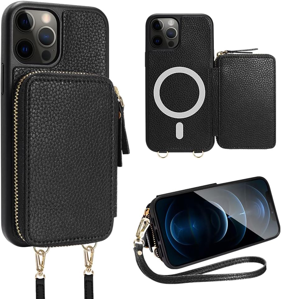 ZVE iPhone 12 Pro Crossbody Wallet Case, iPhone 12 Magsafe Wireless Purse Case Cover with RFID Bolcking Card Holder Wrist Strap for iPhone 12/12 Pro, 6.1"-Black