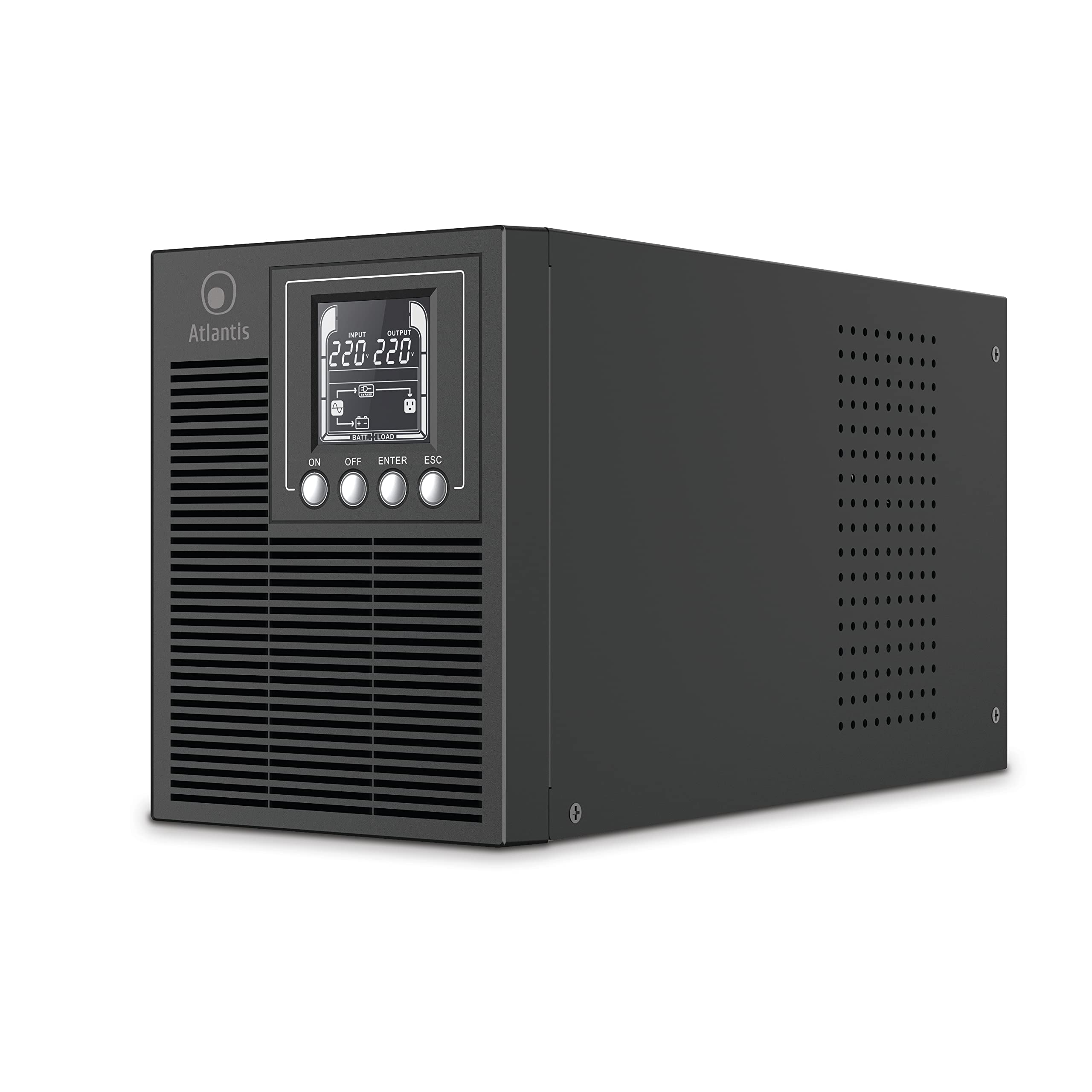 Atlantis A03-OP1002XLN UPS OnLine 88% Più Silenzioso Gruppo di Continuità Server Doppia conversione Onda Sinusoidale Pura 1000VA 700W, Ventola Low Noise Gelid 23,6 dbA,USB,2 Schuko + 1 IEC, 2x12V-9Ah