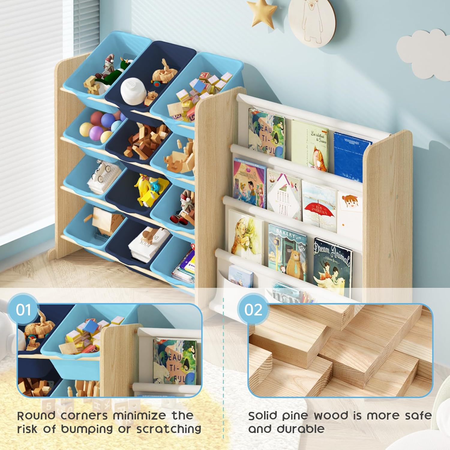 Close-up of the toy organizer showing rounded corners and solid pine wood construction.