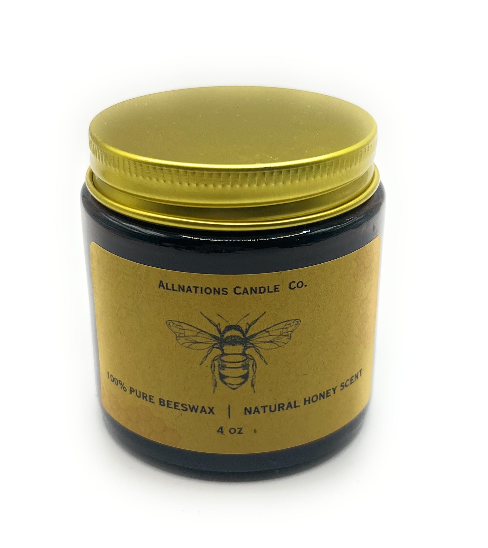 Allnations Candle & Soap Co.100% Raw Beeswax Burns up to 35 Hours Burn - Amber Glass Jar with Gold Lid - Natural Honey Scent - (4oz)