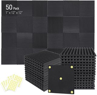 Focusound 50 Pack 1" Acoustic Foam Panels - Soundproofing Wedge Panels with 300 Adhesive Strips for Studio, Home Office Noise Control