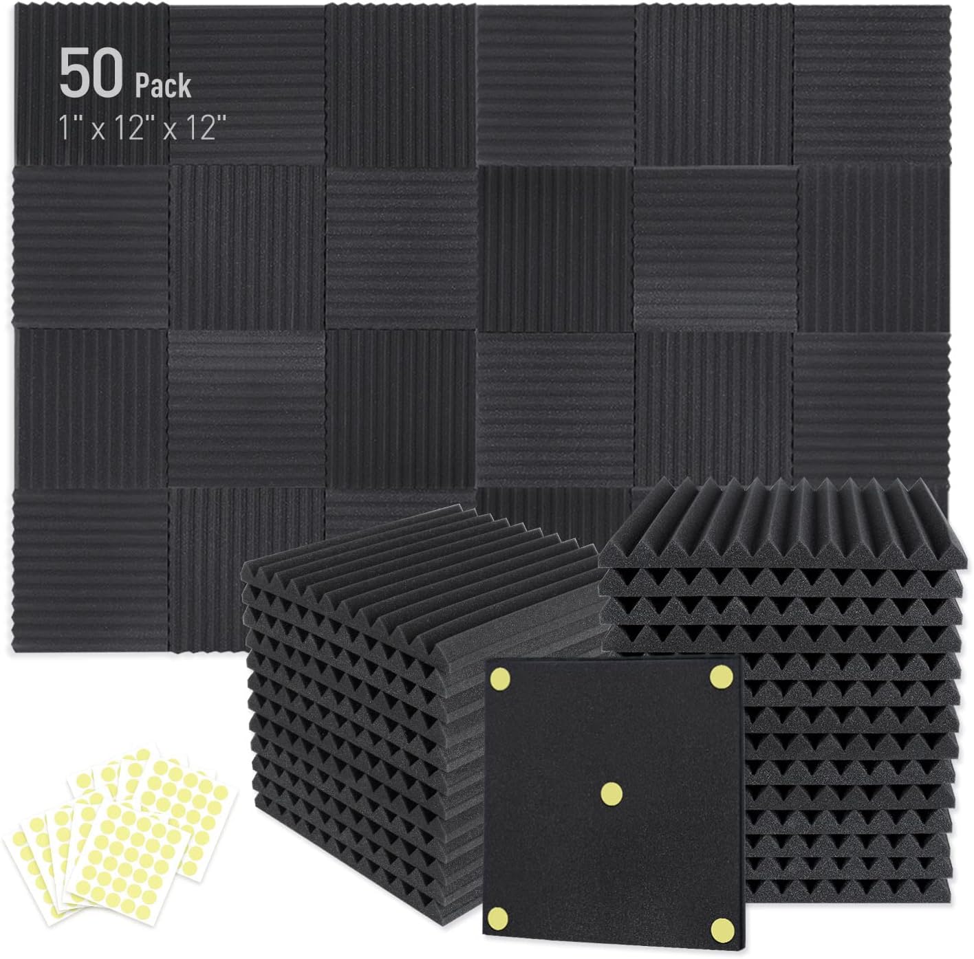 Focusound 50 Pack Acoustic Foam Panels 1" x 12" x 12" Sound Proof Foam Panles Soundproofing Noise Cancelling Wedge Panels for Home Office Recoding Studio with 300PCS Double-Side Adhesive