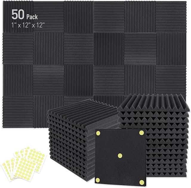 Focusound 50 Pack Acoustic Foam 1" x 12" x 12" Soundproofing Noise Cancelling Wedge Panels for Home Office Recoding Studio