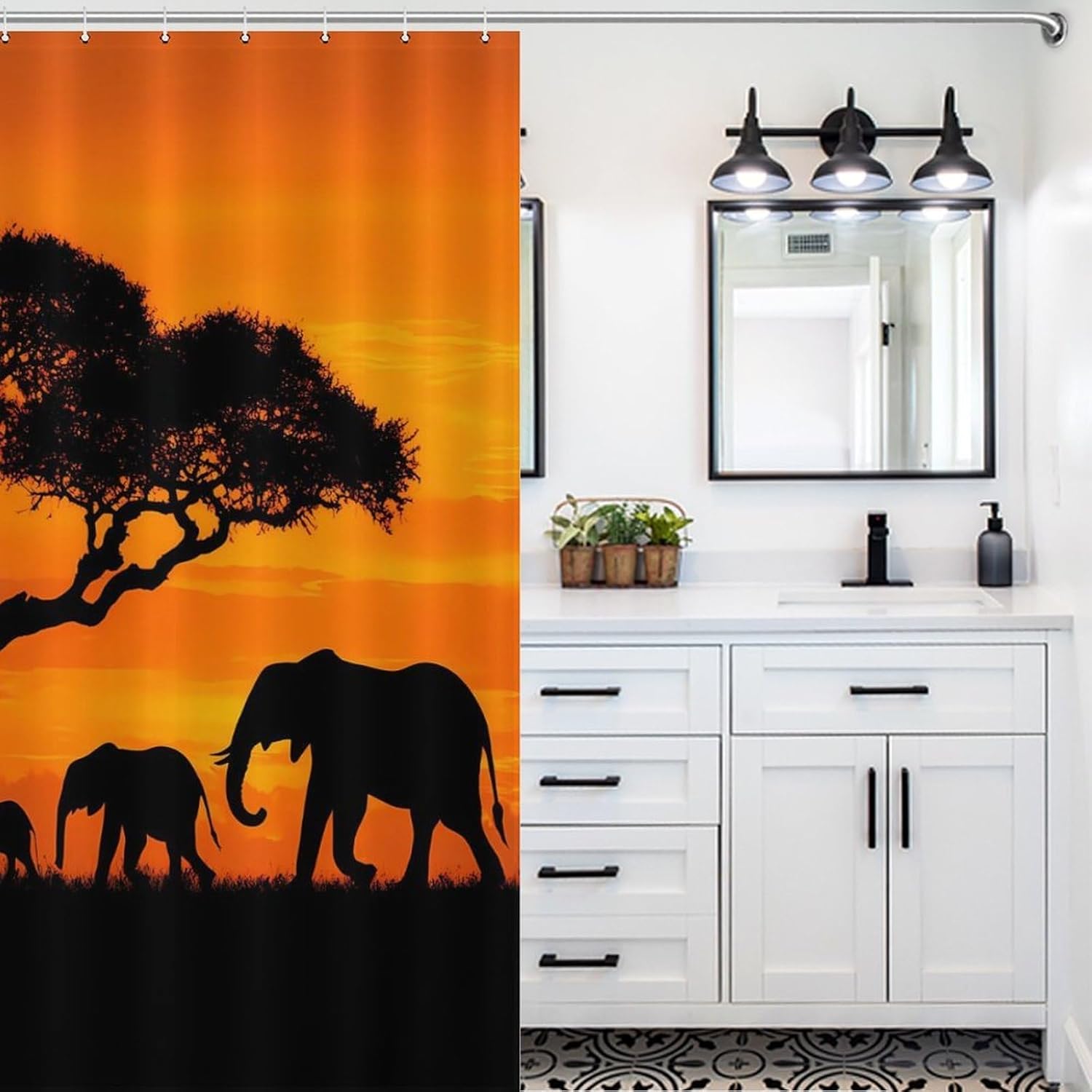 Wild Elephant Family Shower Curtain 46.85x70.87Inch（119x180cm） Polyester Bath Curtain Shower Curtains Printed Decorative